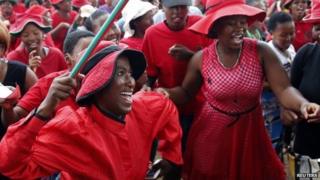 Supporters of the Democratic Congress (DC) party chant slogans in Lesotho's capital, Maseru, ahead of February's elections