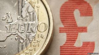 Euro coin and UK banknote