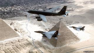 US jets fly over the pyramids of Egypt in March of 1998