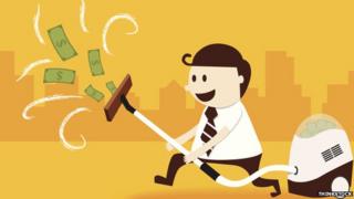 A cartoon man holds a vacuum cleaner in the air and happily sucks in dollar bills
