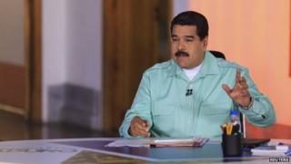 Nicolas Maduro speaks during his weekly broadcast in Caracas on 14 April 2015