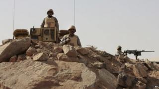 Saudi soldiers on the border with Yemen at a military point in Najran. 21 April 2015