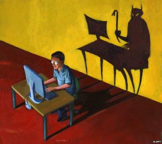 Illustration - devil lurking behind man on computer