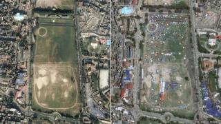 Field in Kathmandu filled with tents and temporary structures following quake