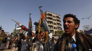 Houthi supporters rally against ongoing Saudi-led military operations in Yemen