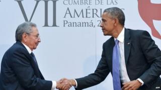 US President Barack Obama shakes hands with Cuban President Raul Castro on sidelines of Summit of the Americas. 11 April 2015