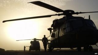 This file picture dated on January 2, 2015 shows French helicopters stationed at a base in Goa, 320 km east southeast of Timbuktu, as part of the Barkhane Operation
