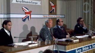 Members of the cross-party political group Keep Britain in Europe: Jeremy Thorpe, Edward Heath, Roy Jenkins and Lord Harris (l-r)