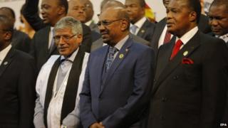 Sudan's President Omar al-Bashir in group photograph ahead of African Union summit in Johannesburg. 14 June 2015
