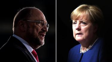Martin Schulz, left, and Angela Merkel, right, both against a dark background