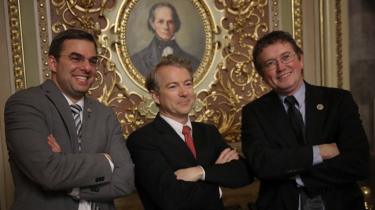 Sen. Rand Paul (C) (R-KY) takes a brief break from the floor of the U.S. Senate to pose for a photo with Rep. Justin Amash (L) (R-MI) and Rep. Thomas Massie (R) (R-KY) at the U.S. Capitol February 8, 2018 in Washington, DC.