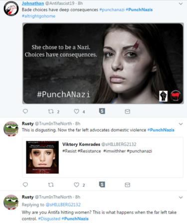 A Twitter account from @Antifascist19 shows a photo of a battered woman with the text 