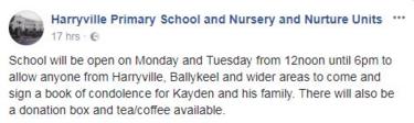 Facebook post from Harryville Primary School