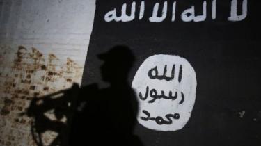 Man stands in front of IS flag