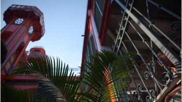 A woman watches the reopening through the iron bars of the market.