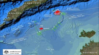 An Australian government map shows a green line defining the new maritime boundary and jurisdictions over oil reserves