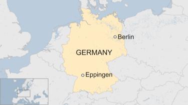 A map showing Germany and the location of Eppingen (in the country's south-west) in relation to the capital city of Berlin.