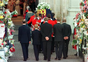 Prince Charles, Prince Harry, Earl Spencer, Prince William and the Duke of Edinburgh follow the coffin of Diana, Princess of Wales, as it is being carried into Westminster Abbey for a funeral service 06 September.