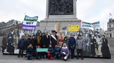 The opening of an exhibition in Trafalgar Square marking 100 years of the women's vote