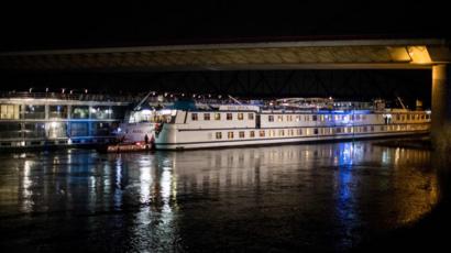 The Swiss Crystal passenger ship was damaged after it hit the pillar of a motorway bridge on the Rhine River near Duisburg, Germany, 26 December 2017