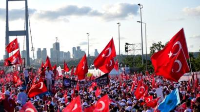 Turks gather on the bridge in Istanbul that has become a landmark of the failed coup