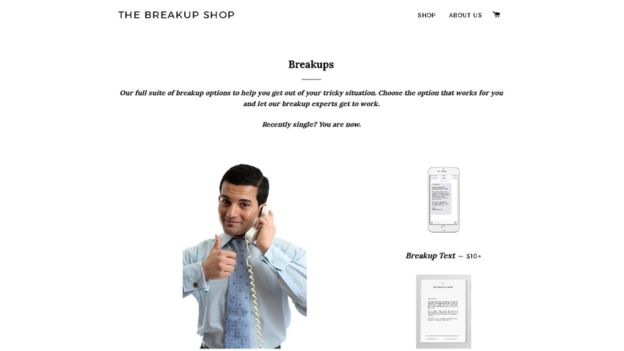 El sitio de The Breakup Shop en internet
