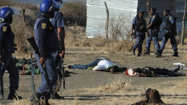 Polisi wakizingira miili ya wachimbaji baada ya mapambano baina yao na wachimbaji katika mgodi Marikana, Agosti 16, 2012.