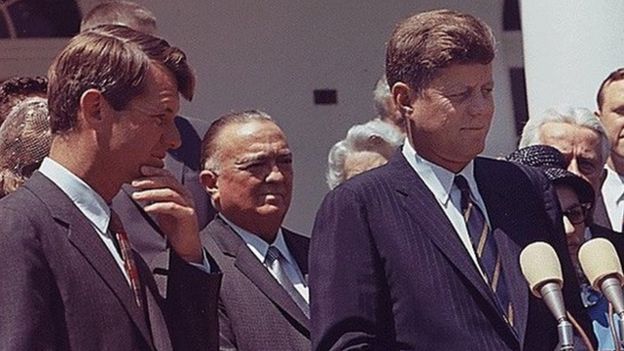 President John F Kennedy (R) with Attorney General Robert F Kennedy
