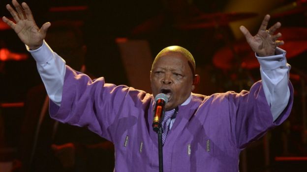 Hugh Masekela performs at the stage of the Staples Center during the pre-telecast of the 55th Grammy Awards in Los Angeles, California, February 10, 2013.