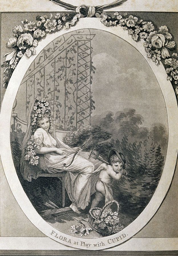 Frontispicio de "El jardín botánico" de Erasmus Darwin (1789-92) Flora, la diosa romana de las flores, la juventud y la primavera, juega con el dios romano del amor.