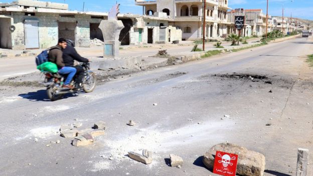 Site hit by airstrikes in Khan Sheikhoun in Idlib on 5 April 2017