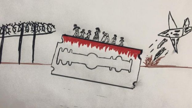 Este dibujo muestra a migrantes caminando sobre una navaja con sangre.