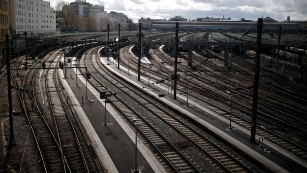 Empty platforms are pictured at Gare de l'Est train station during a nationwide strike by French SNCF