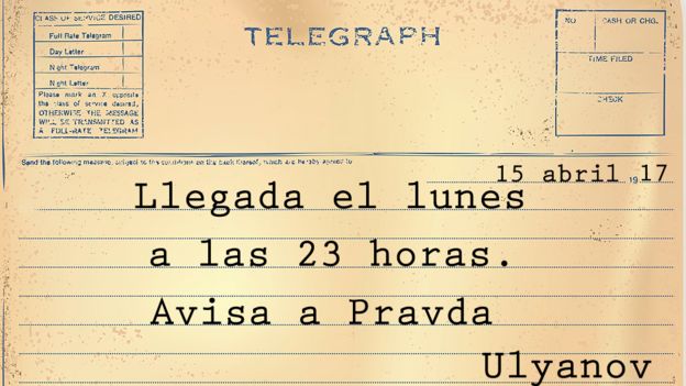 Telegrama: Llegada el lunes 23 horas. Avisa a Pravda.