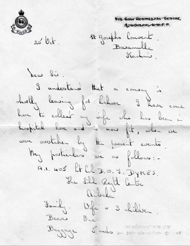 Letter from Col Tom Dykes (courtesy of Fiona Shipley)