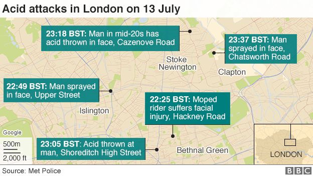 Map of acid attacks on 13 July