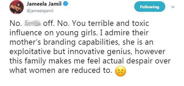 Jameela Jamil's tweet says: "No. [Expletive]. No. You terrible and toxic influence on young girls. I admire their motherâs branding capabilities, she is an exploitative but innovative genius, however this family makes me feel actual despair over what women are reduced to. "