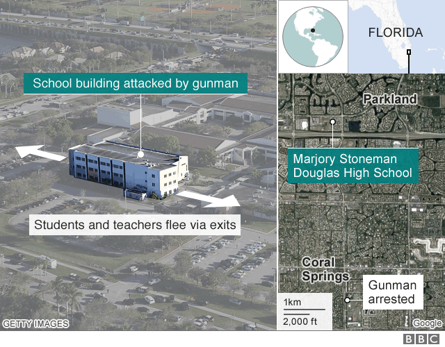 Map showing location of the attack and arrest of the gunman