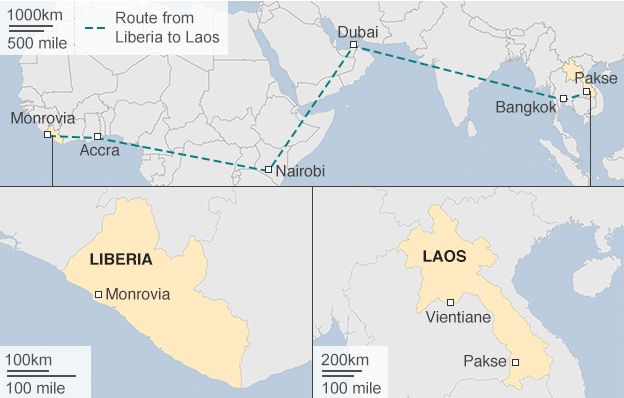 Map: Route from Liberia to Laos