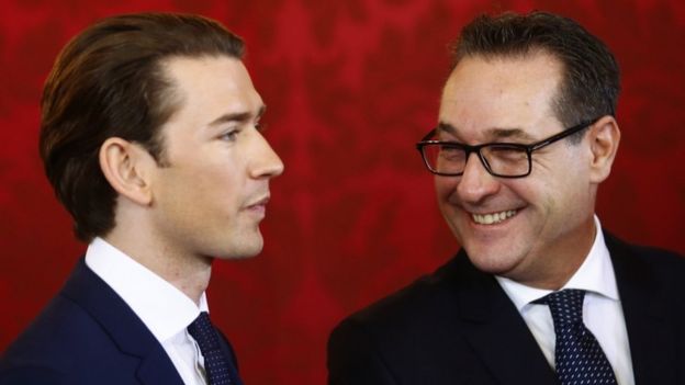 El nuevo canciller de Austria, Sebastian Kurz y y Heinz-Christian Strache, del ultraderechista Partido de la Libertad.