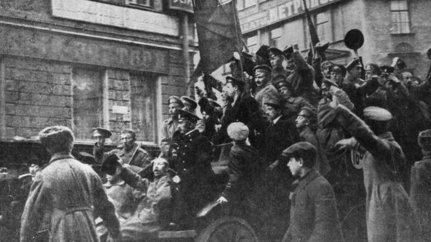 A lorry carrying Russian revolutionaries in Petrograd (St Petersburg) 1917