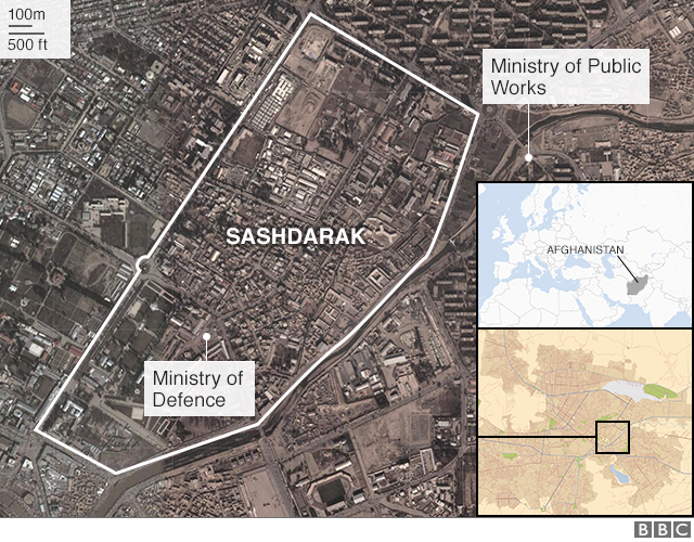 A map showing the Sashdarak district and the locations of the Ministry of Defence within it. Just outside the boundary is the ministry of public works.