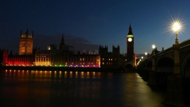 The Houses of Parliament are illuminated to mark the Pride in London Parade in London, Britain July 8, 2017.