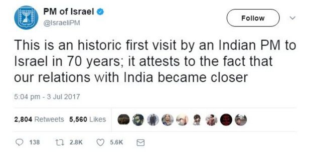 This is an historic first visit b an Indian PM to Israel in 70 years; it attests to the fact that our relations with India became closer