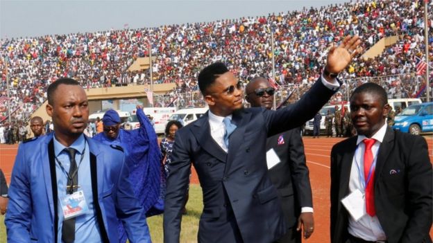 Cameroon international soccer player Samuel Eto'o Fils arrives for Liberia's new President George Weah swearing-in ceremony at the Samuel Kanyon Doe Sports Complex in Monrovia, Liberia, January 22, 2018.