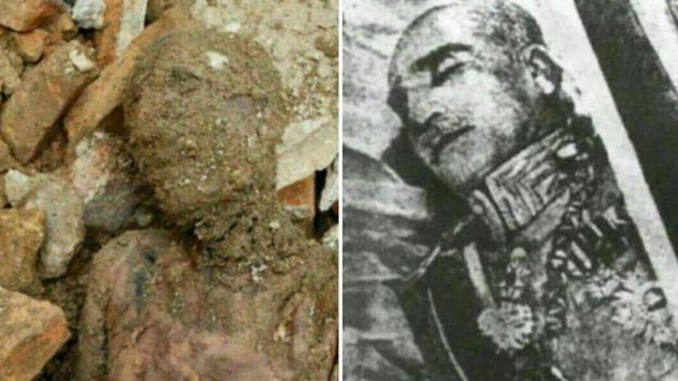 جسد مومیایی شده رضاشاه در زمان انتقال از قاهره به ایران در کنار تصویری از جسد مومیایی کشف شده در شهرری
