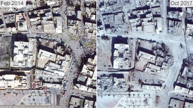 Pictures from 2014 and 2017 show the destruction of Raqqa's clock tower roundabout