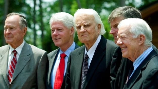 Billy Graham, centre, with l-r George HW Bush, Bill Clinton and Jimmy Carter, 2007