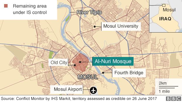 Map showing area of northern Iraqi city of Mosul still controlled by so-called Islamic State