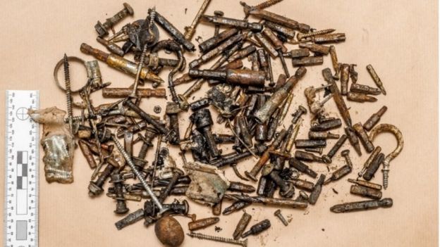 Shrapnel: Some of the metal parts recovered from the bomb